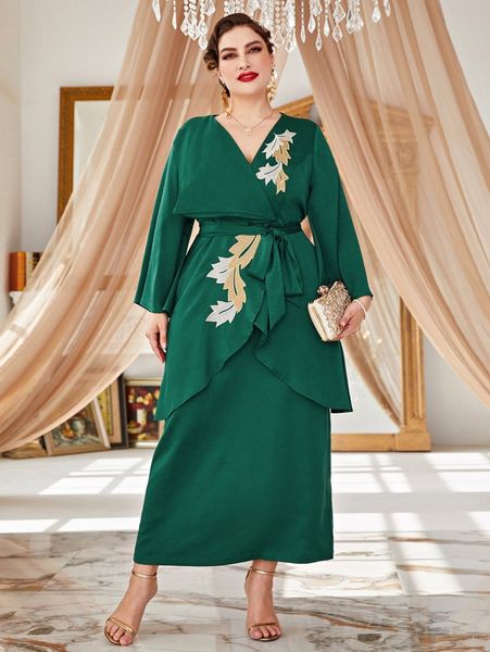 

plus leaf patch split back 2 in 1 belted dress 234q#, Black