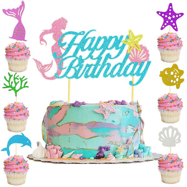 Mermaid Cupcake Toppers Kids Birthday Party Baby Shower Wedding Starfish Shell Ocean Underwater World Theme Cake Decor MJ0628