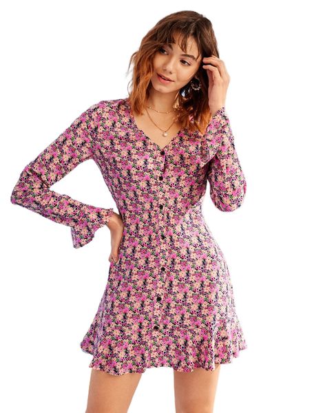 

v neck allover floral print button front ruffle hem dress b9ah#, Black;gray