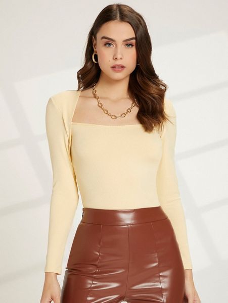 

square neck shoulder pad rib-knit tee i3kj#, White