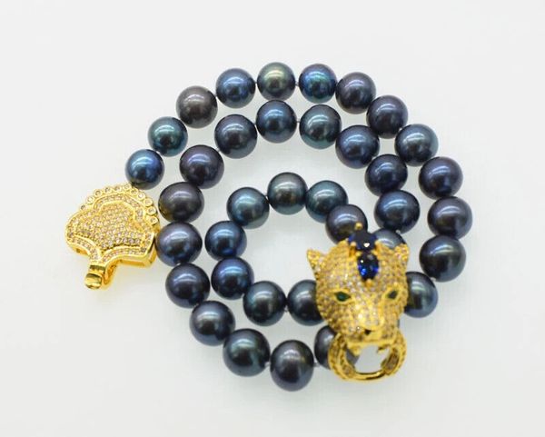 

black freshwater pearl 11-12mm big size leopard buckle necklace 19 inch, Silver