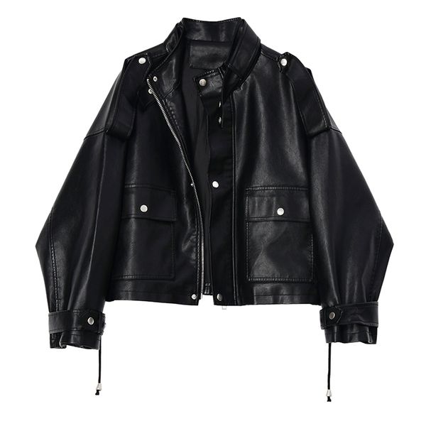 Lautaro короткая негабаритная кожаная куртка женщин с длинным рукавом плюс размер свободный черный Zip Up Jacket Женская одежда Женская мода 201030