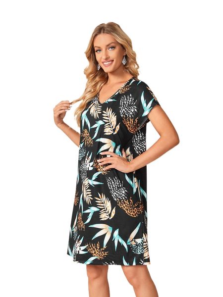 

emery rose tropical print batwing sleeve tunic dress 72jq#, Black;gray