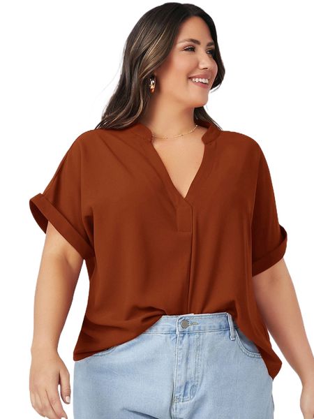 

plus notch neck rolled cuff a51q#, Black