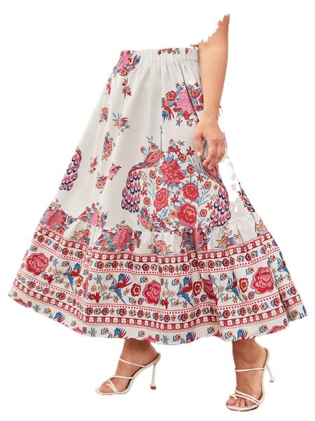 

plus floral print ruffle hem skirt l3rc#, Black