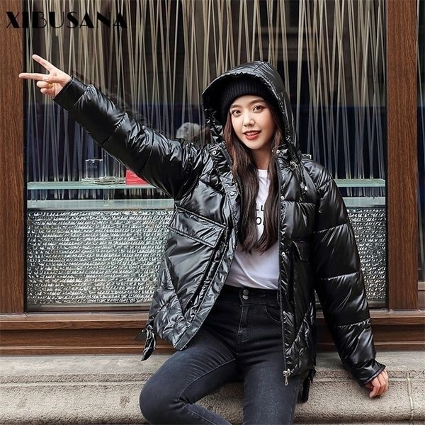 

xibusana winter warm jacket women parkas bread coats loose shiny cotton padded down jacket casual hooded wadded jackets 201127, Black