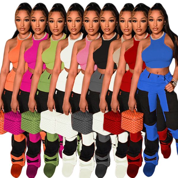 

new arrivals splicing tracksuits for womens solid color sleeveless vest crop and zipper button pants casual 2 piece sets f265, Gray