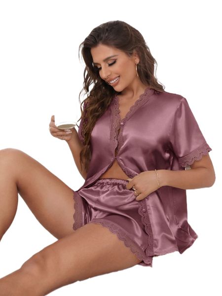 

lace trim satin pajama set j21k#, Black;red