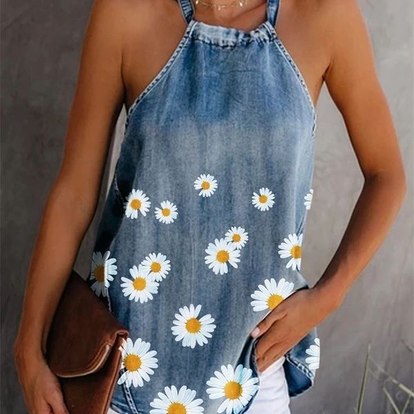 

womens summer daisy tank halter neck bandage vest long camisole sleeveless sunflower print denim women blouse t-shirts 220325, White