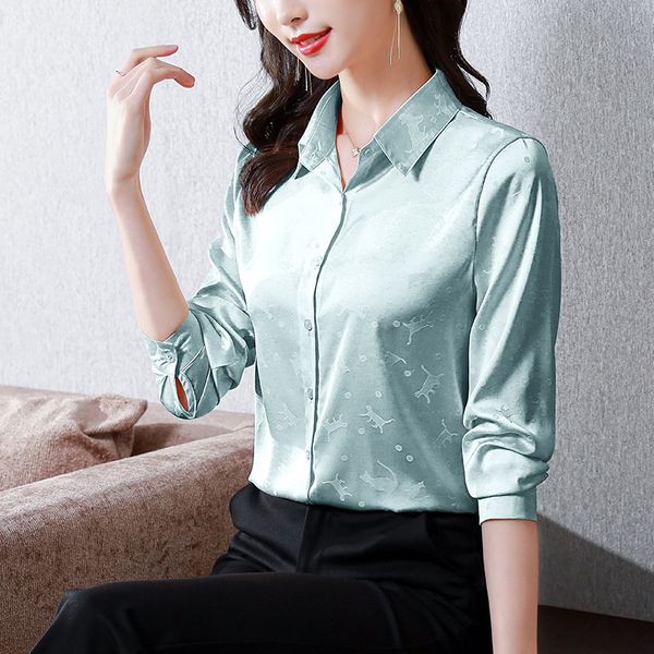 

luxury vintage silk shirt long sleeved designer lapel blue blouses fine elegant lady office button down 2022 spring autumn sweet cute blouse, White