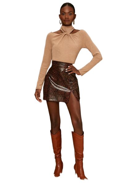 

snakeskin print pu leather slit skirt j2he#, Black