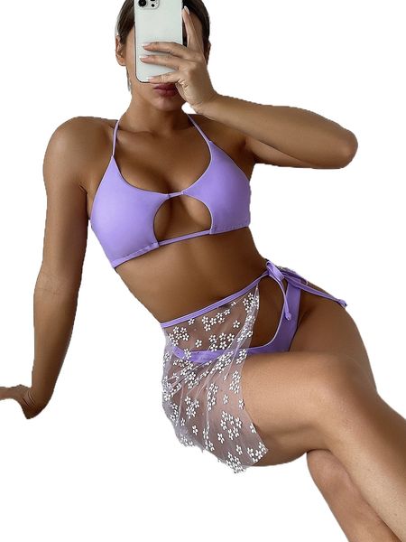 

plain cut-out halter bikini swimsuit with beach skirt 26x3#, White;black