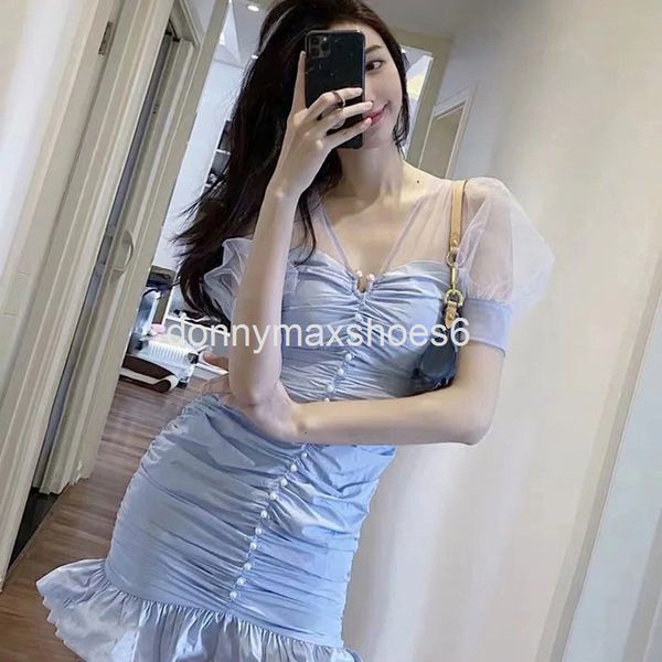 

casual dresses special fishtail skirt hem slim romantic dress organza perspective pearl buckle pleated hip wrap skirt, Black;gray