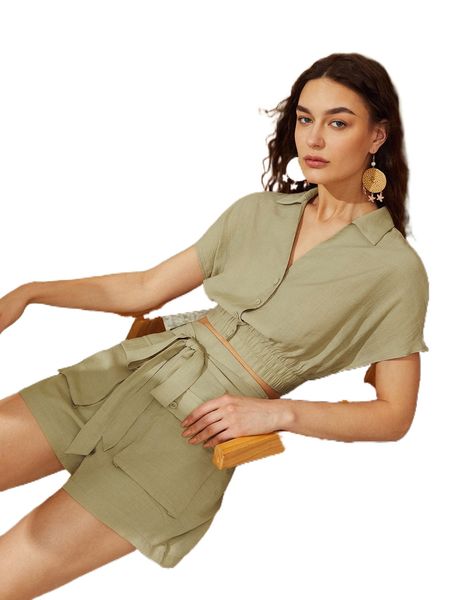 

batwing sleeve blouse and belted flap pocket shorts set z2gj#, White