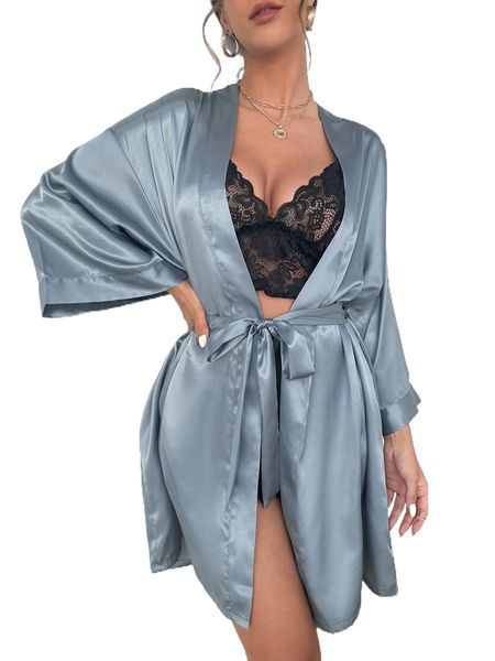 

drop shoulder belted satin lounge robe s8w1#, Black;red