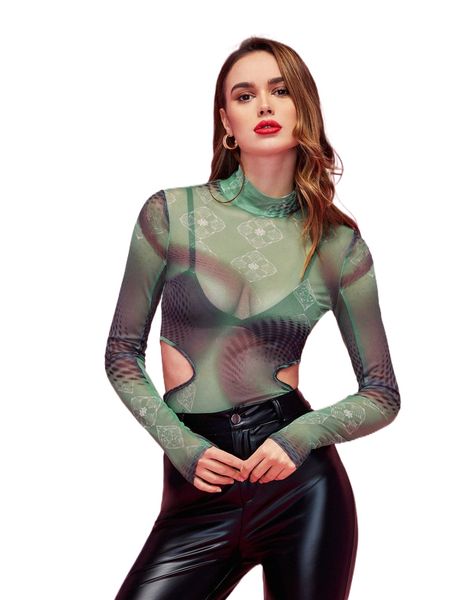 

x putri adif splash & graphic print mock neck cut-out without bra t5ay#, White