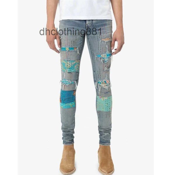 

european and american jeans designer amirss men slim fit small leg jeans embroidery patch cloth hole damage elastic retro high str, Blue