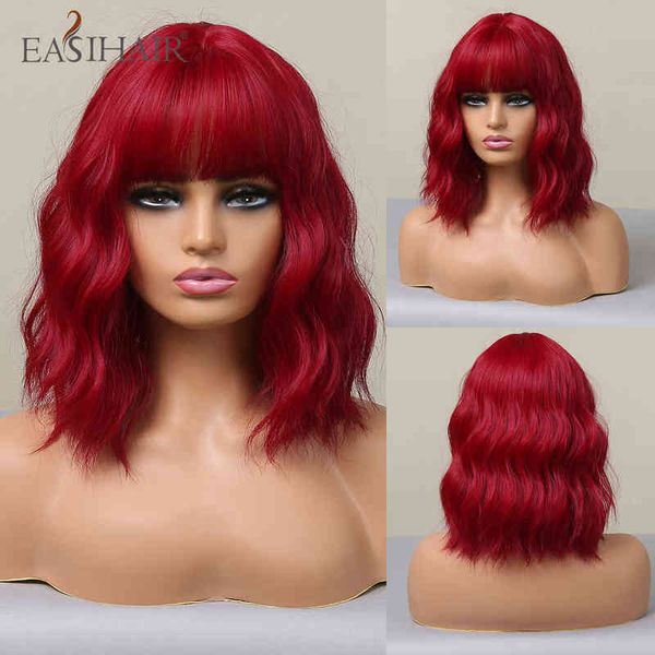 Easihair Long Red Wavy Synthetic Bob Wigs Burgundy с челкой шелковистые для женщин ежедневная вечеринка косплей Теплостой устойчивый 220525