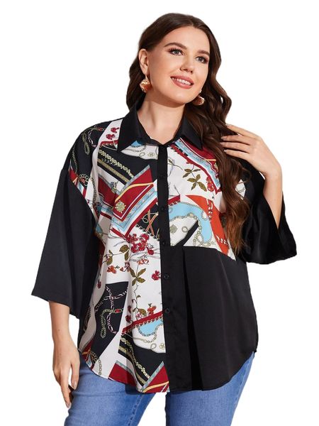 

plus chain & floral print drop shoulder curved hem shirt i0mv#, Black