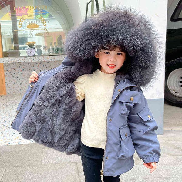 

winter fur parka for girls 2021 new girl snowsuit warm thicker children outerwear jackets kids fashion jacket for girls 3-12 year j220718, Blue;gray