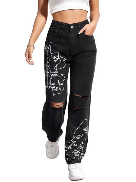 

face line art ripped jeans i6br#, Blue