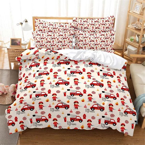 Conjuntos de roupas de cama escavadeiras impressas caminhões de construção Fireflghters Kids Set Cotton Super Warm confortável de menino quarto colcha de colcha