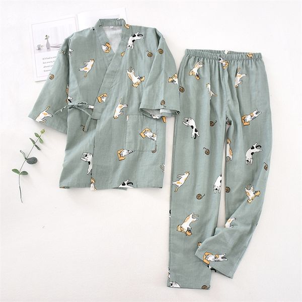 Pijamas de quimono de estilo japonês de sete mangas conjunto feminino primavera e outono 100% algodão gaze casa roupas bonito doce dois-p 220321