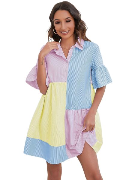 

striped & colorblock bell sleeve dress m89a#, Black;gray