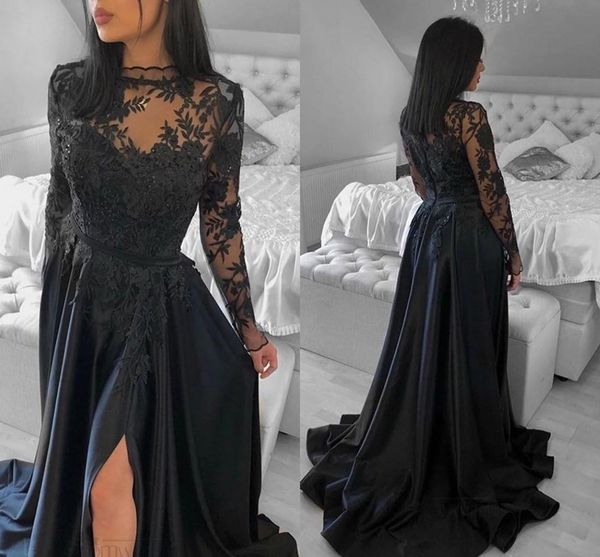 

long sleeves black lace prom dresses jewel neck arabic aso ebi appliqued a line chiffon formal evening gowns side slit plus size special occ