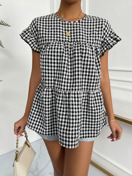 

gingham ruffle trim p1ux#, White