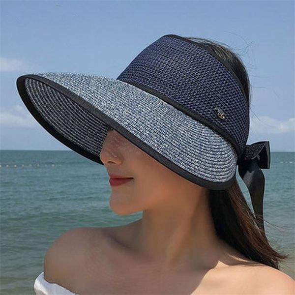 

summer women's straw hat large brim sun block folding beach 220427, Blue;gray