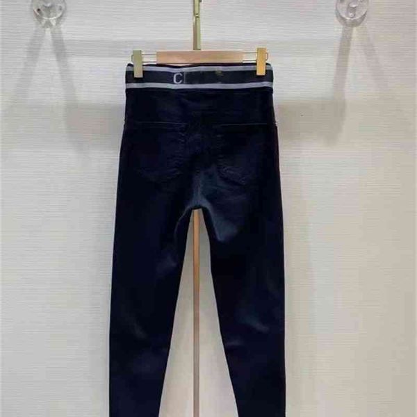 

women's jeans cel home autumn back waist elastic printed metal chain high small foot jeans nanyou, Blue