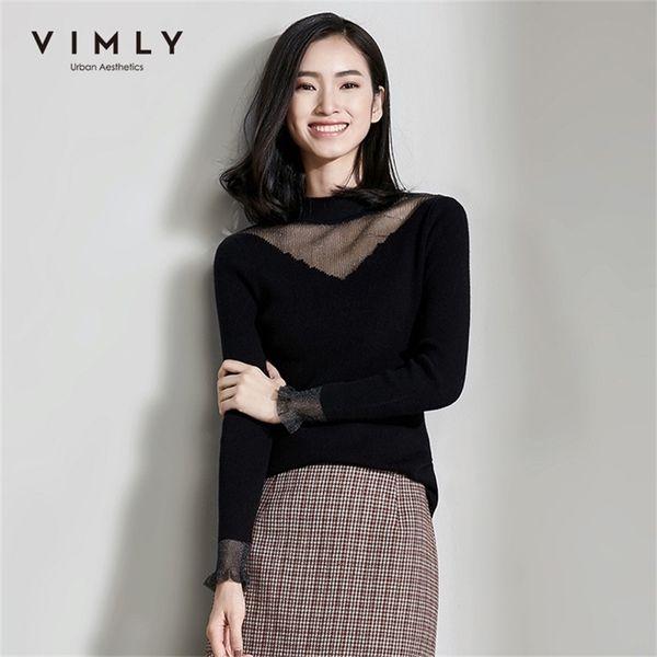 

vimly autumn winter women knitted sweater office lady elegant patchwork hollow out o neck slim female pullover 99302 201223, White;black