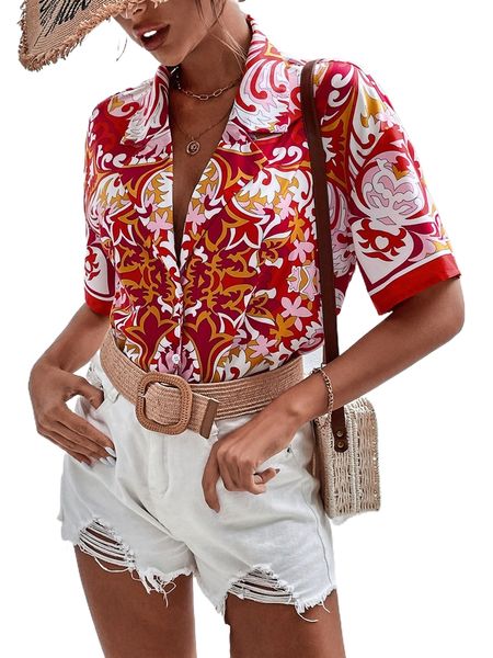 

floral print drop shoulder lapel blouse d8x5#, White