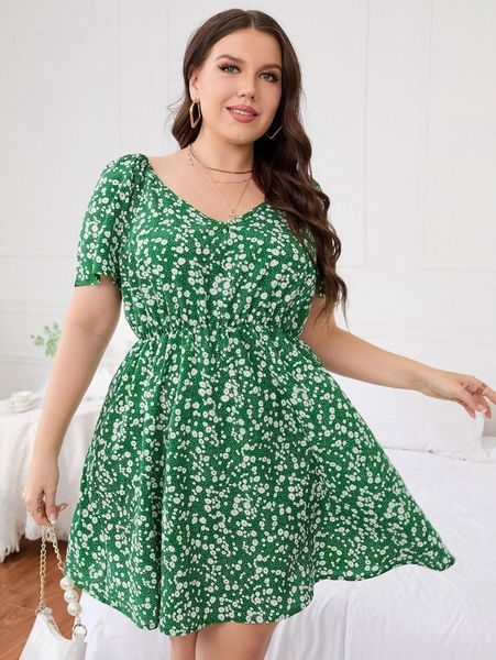 

plus ditsy floral a-line dress t936#, Black