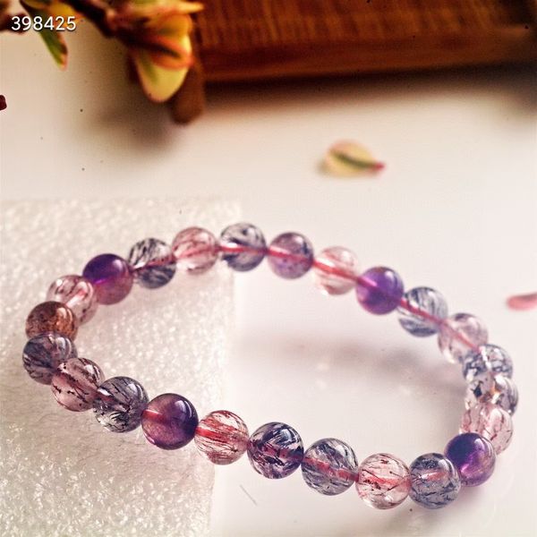 

genuine natural purple super 7 red lepidocrocite quartz bracelet 7.8mm rutilated quartz women clear round beads men aaaaaa, Silver