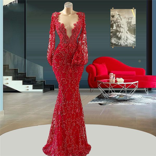 Red Sparkling Mermaid Prom Vestidos Sexy Deep V pescoço de mangas compridas lantejoulas Apliques contas HOLO 3D LIMPO DE FLOR PROJE