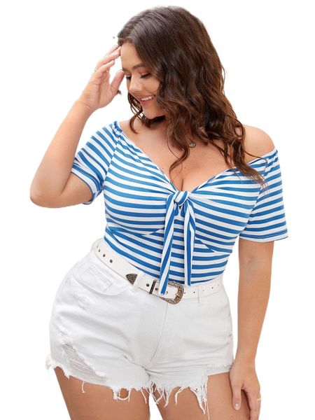 

plus off-shoulder striped knot front tee 027a#, Black