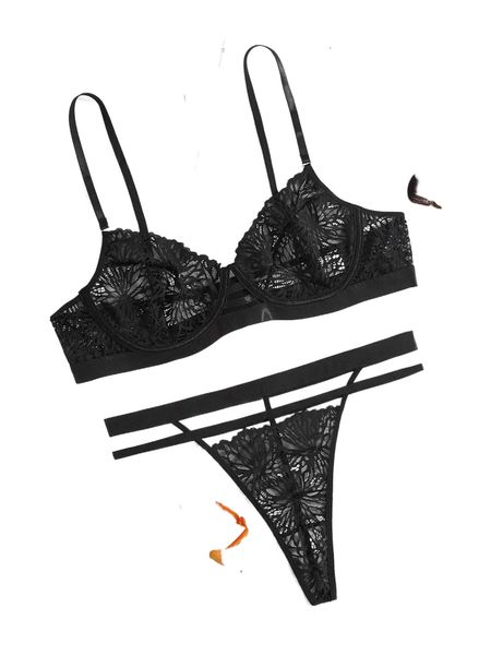 

plus contrast lace underwire thong lingerie set a7wl#, Black;white