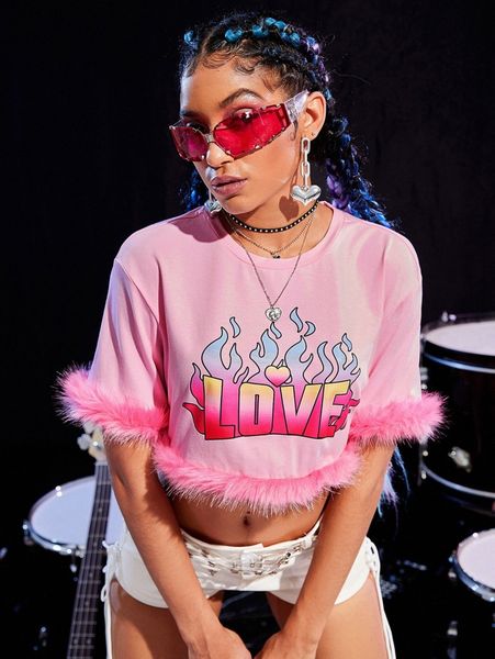 

letter graphic fuzzy trim crop tee x3kq#, White