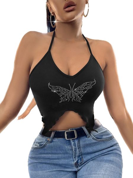 

sxy rhinestone butterfly pattern tie backless asymmetrical hem halter x4jv#, White