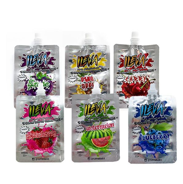 

ileva 600mg nozzle juice edible packaging bags with bottle cap blueberry watermelon cherry grape 180ml infused beverage liquid spout sme