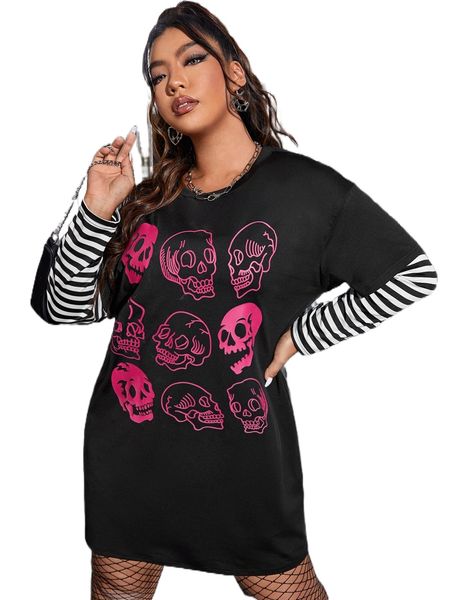 

plus halloween skeleton print 2 in 1 tee dress 34m3#, Black