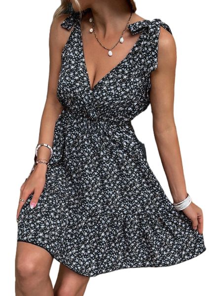 

ditsy floral knot shoulder ruffle hem dress i5cy#, Black;gray