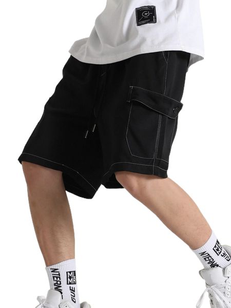 

men flap pocket side drawstring waist shorts x6mv#, White;black