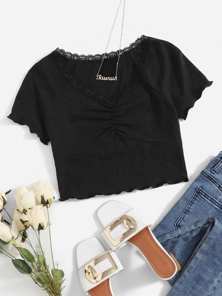 

lace trim raglan sleeve ruched rib-knit crop tee p9x6#, White