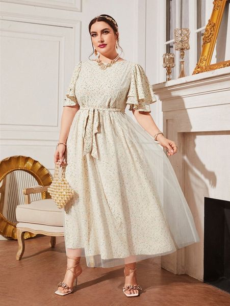 

plus ditsy floral print butterfly sleeve mesh hem belted dress m9lh#, Black