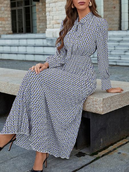 

geo print tie neck blouson sleeve dress without belt y7yp#, Black;gray