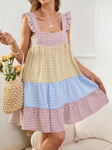 

gingham color block ruffle trim cami smock dress 72qr#, Black;gray
