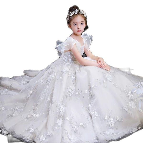 Mädchenkleider Weiß Elfenbein A-Linie Blumenmädchenkleid für Hochzeit Rüschen Applikationen Kinder Geburtstagskleid Prinzessin Festzug Kleider PographyGirl